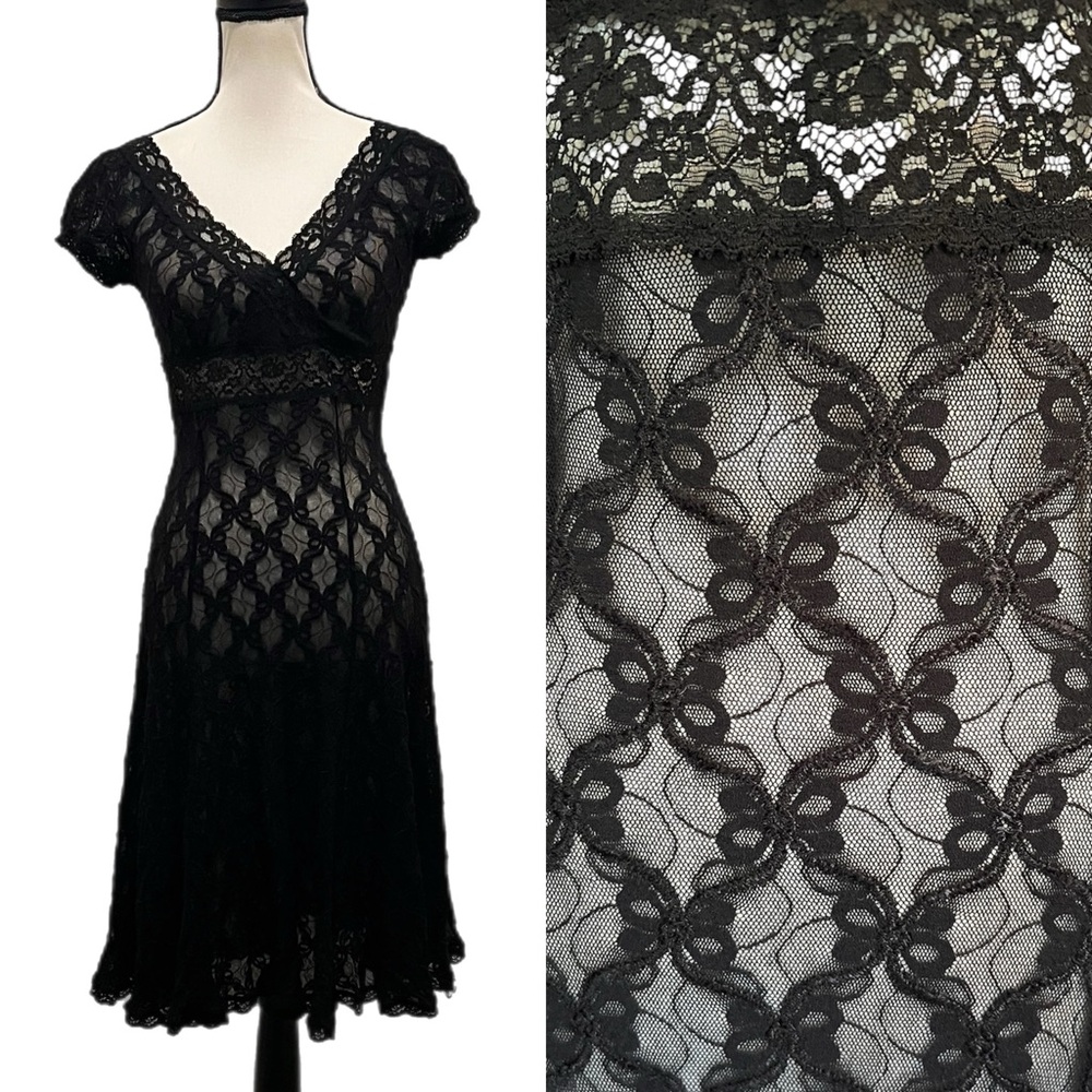 Vintage Betsey Johnson New York Black Silk Sheer Mesh Bows & Floral Lace Dress